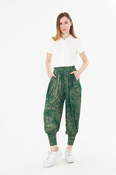 ESPİNA Stretch Fabric Flowy Viscose Shalwar Trousers with Cuffed Legs, Batik Pattern, and Pockets