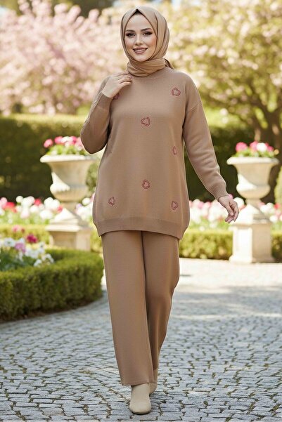 TOFİSA Heart Embroidered Double Knitwear Set Mink - 28063-Vizon