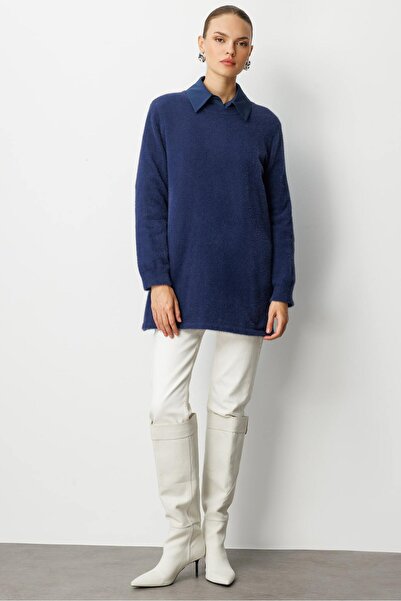 Mizalle Yuvarlak Yaka Oversize Yumuşak Dokulu Lacivert Triko Kazak