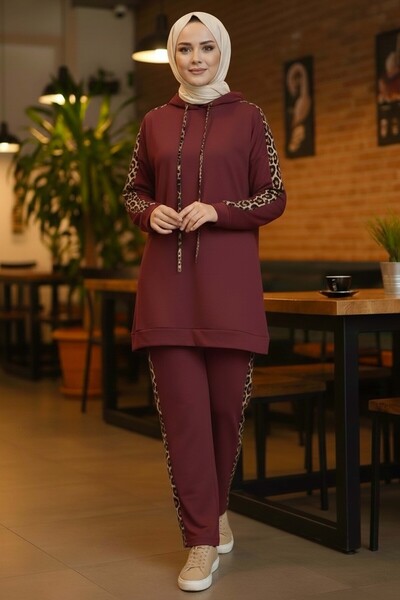 TOFİSA Costum dublu cu două fire Leopard detaliu cu dungi Roșu Claret - 2051-BORDO