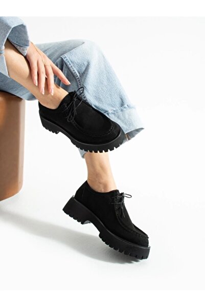 Rek Shoes Kadın Siyah Renk Süet Bağcıklı Kalın Taban Oxford Ayakkabı