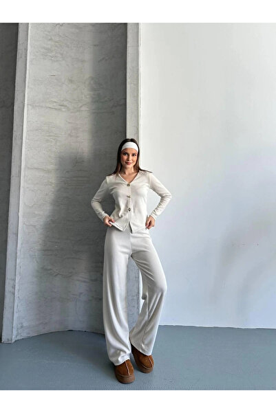 esilamoda Women's Cream Buttoned Corded Fabric Double Suit