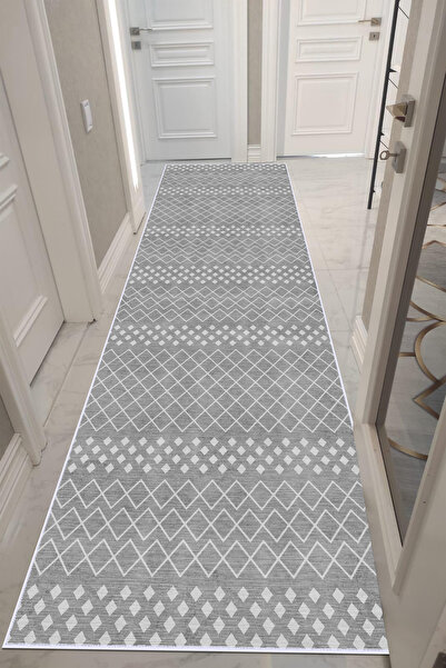 VOPTEKS Gri Beyaz Halı Yolluk Makinede Yıkanabilir Halı Kaymaz Taban Halı