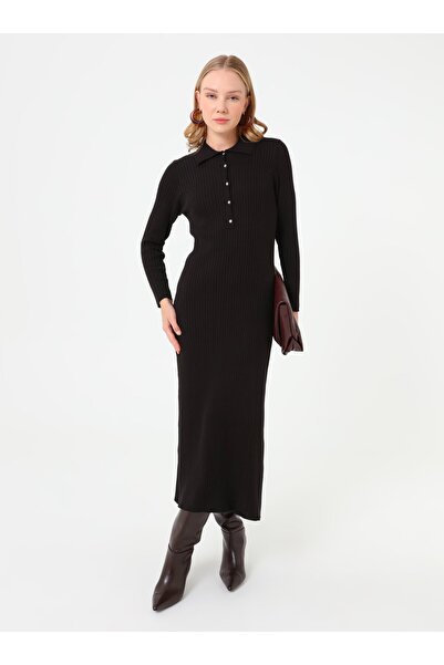 Refka Basic Knitwear Hijab Dress - Black -