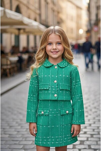 Hilal Akıncı Kids Girl's Gold Buttoned Crop Jacket Ornamental Pocket Detailed...