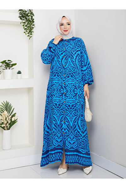 SAHRA BUTİK Buttoned Viscose Dress - Navy Blue -