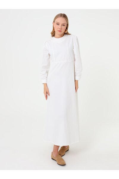 Refka Balloon Sleeve Hijab Dress with Handle Detail - White -