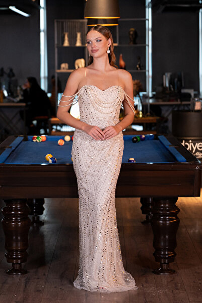 Abiyefon Bej Straplez Boncuklu Uzun Abiye Elbise ABU5477