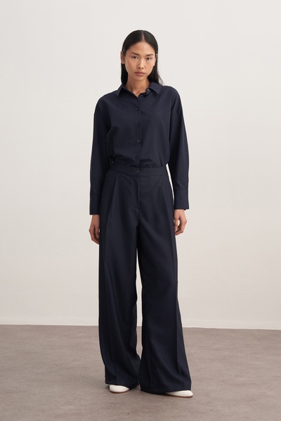 EBU Prive Women's Draped Pleated Palazzo Pants Navy Blue