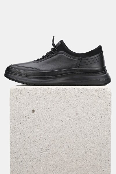 TUNAELLİ Men's Black Genuine Natural Leather Orthopedic Sole Comfort Smart Lace-Up Shoes