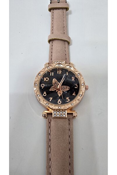 NO NAME Deri Kordonlu Rose Gold Kaplama Saat, Gözlük ,Cüzan Set