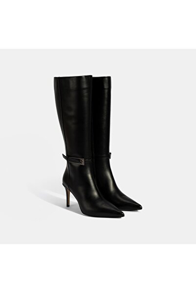 Desa Kadın Siyah Sivri Burunlu İnce Topuklu Deri Çizme