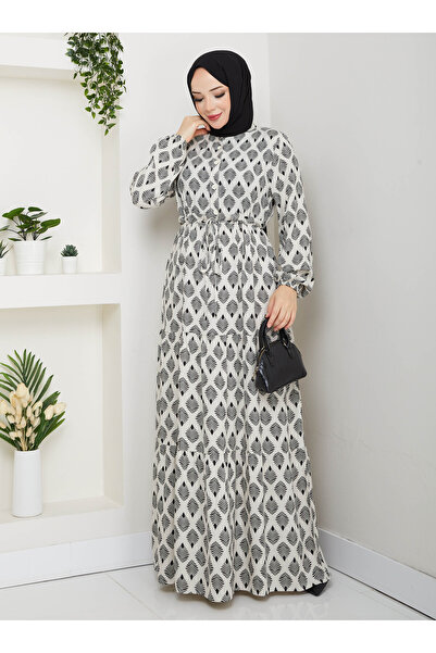 SAHRA BUTİK Half Placket Buttoned Viscose Dress - Cream -