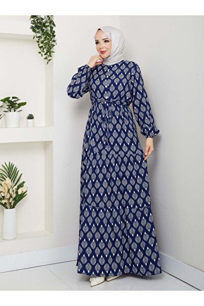 SAHRA BUTİK Half Placket Buttoned Viscose Dress - Navy Blue -