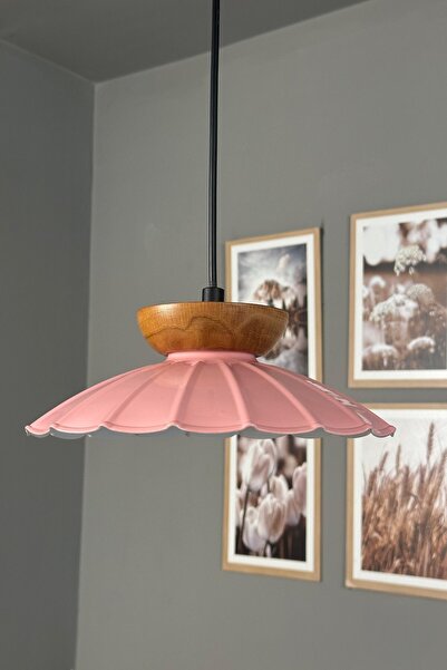 Bamyum Risso Pembe Ahşap Tabak Tekli Metal Avize Cafe Mutfak Modern Dekoratif...