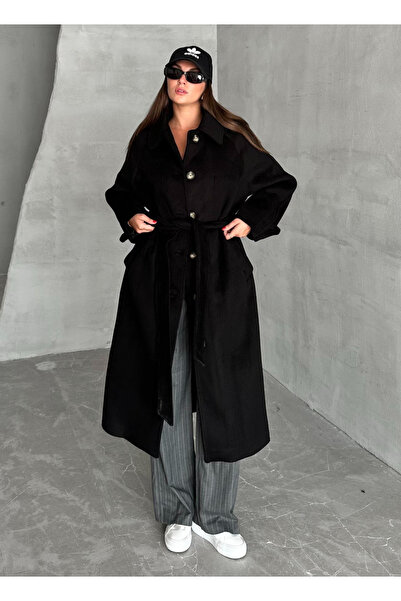 My Blog Black Backed Slit Belted Cashmere Coat - 54492