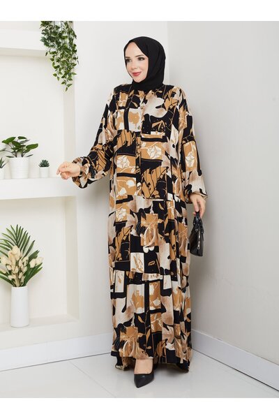 SAHRA BUTİK Half-Buttoned Viscose Dress - Biscuit -