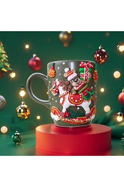 MAKARON SANAT Yeni Yıl Atlı Karınca / Carousel Gift Bear 3D Kabartma Kupa Bardak