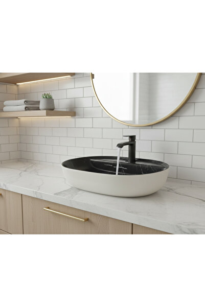 EMFA AKSESUAR Siyah Mermer Desenli Tezgah Üstü Çanak Lavabo 60x42,5x15 - Üstten Delikli Lavabo Taşı 60x42,5x15 cm
