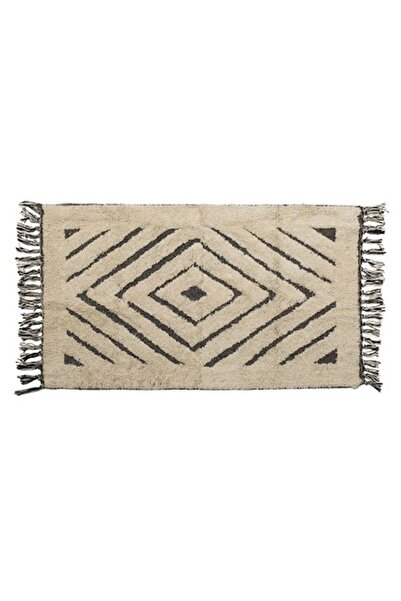 AB HOMES Winter Decorative Cotton Rug Beige, Diamond Pattern & Fringes, 90x60 cm