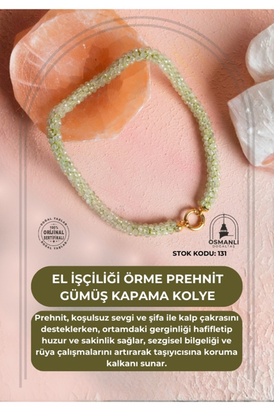 OSMANLI DOĞAL TAŞ Certified Handcrafted Knitted Prehnite Silver Clasp Necklace (Sk:131)