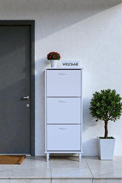 Eliusta Nefes Ayaklı 52 cm Ayakkabılık Kapı Önü/Antre 3 Düşer Kapaklı Beyaz 5...