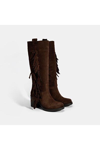 Desa Kadın Kahve Püskül Detaylı Kalın Topuklu Süet Çizme
