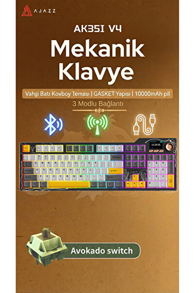 Ajazz Ak35iV4 Tam Boy Mekanik Oyuncu Klavyesi-TFT Ekran-10.000 Mah Batarya-Öz...