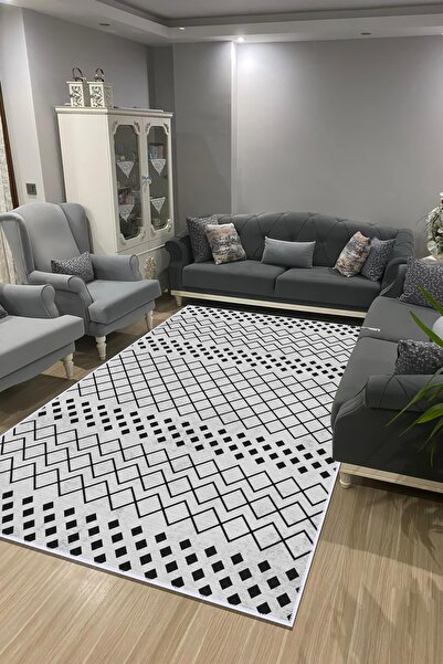 VOPTEKS Gri Siyah Halı Salon Halısı Makinede Yıkanabilir Halı Kaymaz Taban Halı