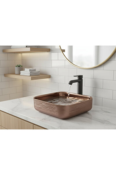 EMFA AKSESUAR Bakır Renk Tezgah Üstü Çanak Lavabo 38,5x38,5x14 - Rose Gold La...