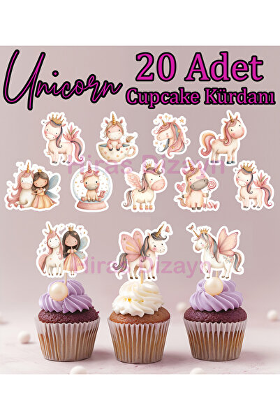 Hiras Dizayn 20 Adet Sevimli Kız ve Unicorn Cupcake Kürdanı - Pasta - Kurabiy...