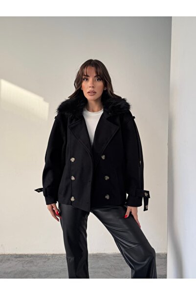 mydukkan.co Epaulette Detail Fur Cashmere Coat