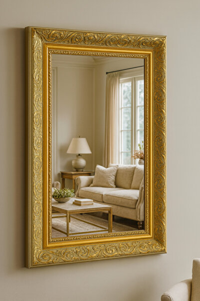 Narkissos Dizayn Beyaz Gold Altın Varaklı Çerçeveli Ayna-6cm Çerçeve Genişliği-Gold Ayna-Klasik Ayna-Salon Ayna