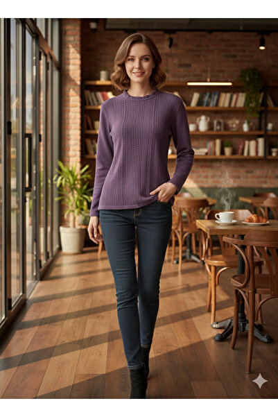 MADAM PARS Pulover tricotat liliac pentru femei |   guler rotund Bluză tunica cu mâneci lungi cu modele tricotate