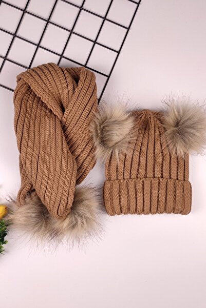ESES BEBE Set beanie eșarfă pentru copii unisex cu pompon dublu