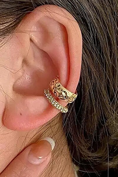 TAKIŞTIR Altın Renk Taş Detaylı 14K Altın Kaplama TX Ear Cuff (Tek)