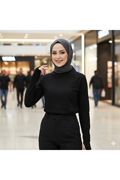 LADY HAZAL Siyah Parmak Detaylı Dar Kalıp Pamuklu Kumaş Tesettür Body Hzlrbnd...