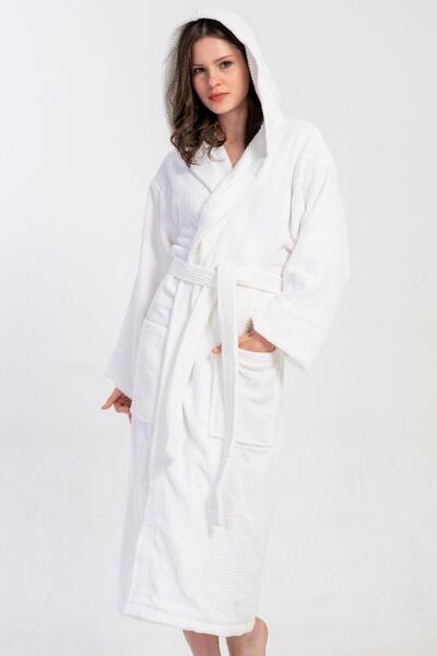 VİENETTA روب حمام نسائي طويل بغطاء رأس باللون الأبيض C6T6N8161