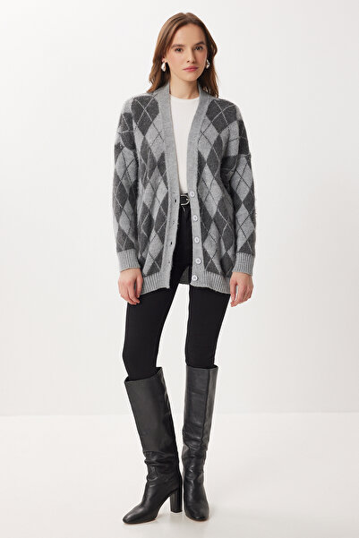 Lovelyİstanbul Baklava Patterned Furry and Wool Effect Knitwear Cardigan Lxa0029 Gray Anthracite