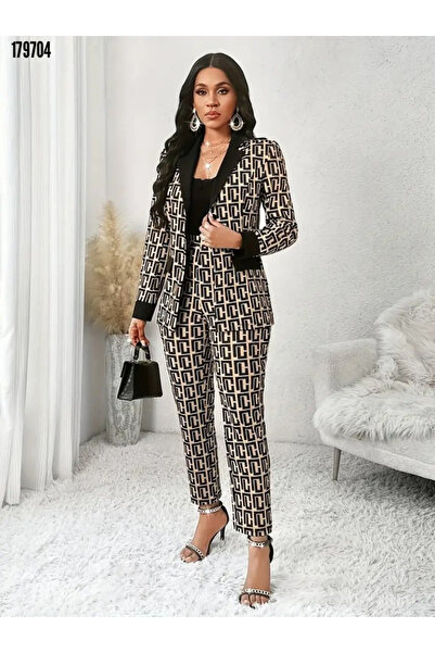 Modayakamoz Yeni Sezon Kadın Desenli Ceket Bluz Pantolon Dalgıç Takım