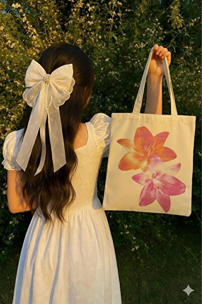 NO 601 Geantă din pânză pentru femei Raw Linen Double Flower cu imprimeu