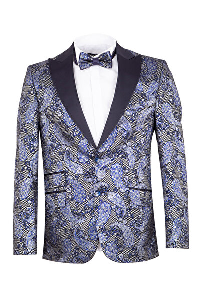 OSCAR BANKS Luxury Navy Blue Gray Paisley Patterned Jacquard Tuxedo Jacket - ...