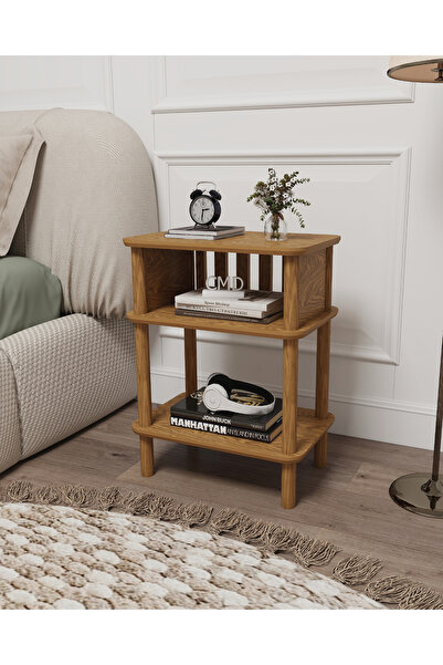 CMDWOOD Linde Ceviz Komodin Minimalist MDF lam ve Ahşap ayaklı Tasarım ; Yata...