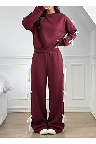 LEONE KOLEKSİYON Women's Burgundy 2 Thread Fleece-Lined Piece Set – Relaxed Fit, Pink Bow Detail Winter Combination