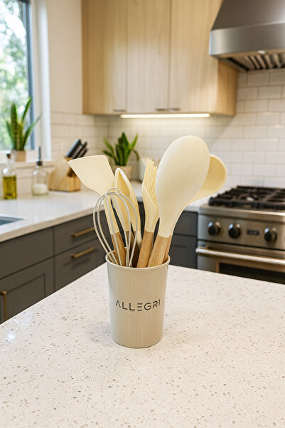 ALLEGRI 9 Parça Kayın Ağacı Saplı Silikon Servis Takımı Seti Kaşık Isıya Daya...