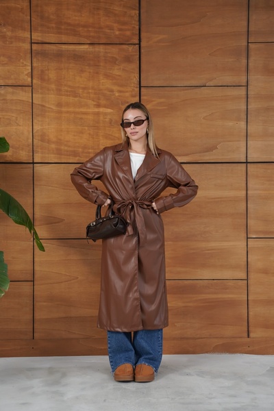 BELISTIL Trench lung elegant din imitație de piele, cu curea
