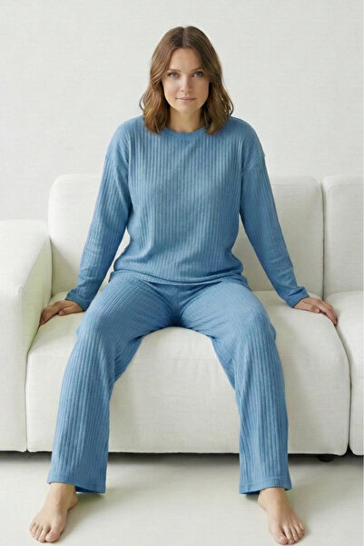 Farya Home Pamuklu Kalın Kışlık İnterlok Şeritli Uzun Kollu Örme Pijama Takımı
