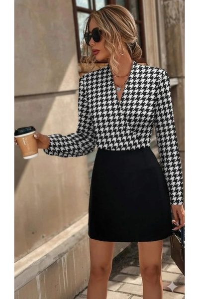 GENCULUS Women's Long Sleeve Double Breasted Collared Top Diver Bottom Imported Crepe Mini Dress