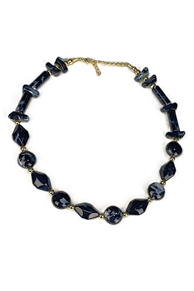 Jewelliss Navy Blue Smoked Beaded Gold Detail Women's Necklace 45 cm Trendy C...