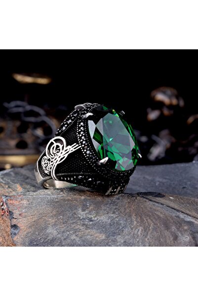 Tesbihsepetim 925 Ayar Gümüş Yeşil Renk Zirkon Taşlı Tuğra Model Yüzük